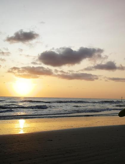Surfer beim Sonnenuntergang am Strand, bewölkter Himmel.
