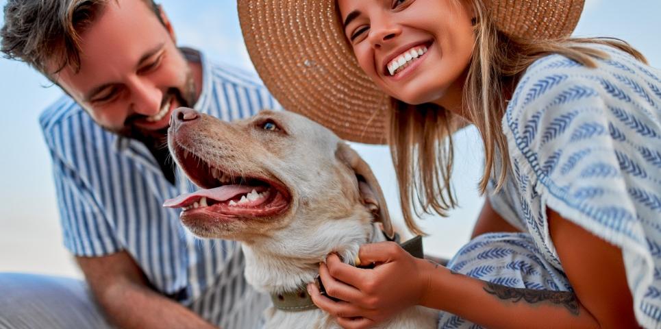 Coppia felice con cane, sorridenti all'aperto sotto il sole estivo.